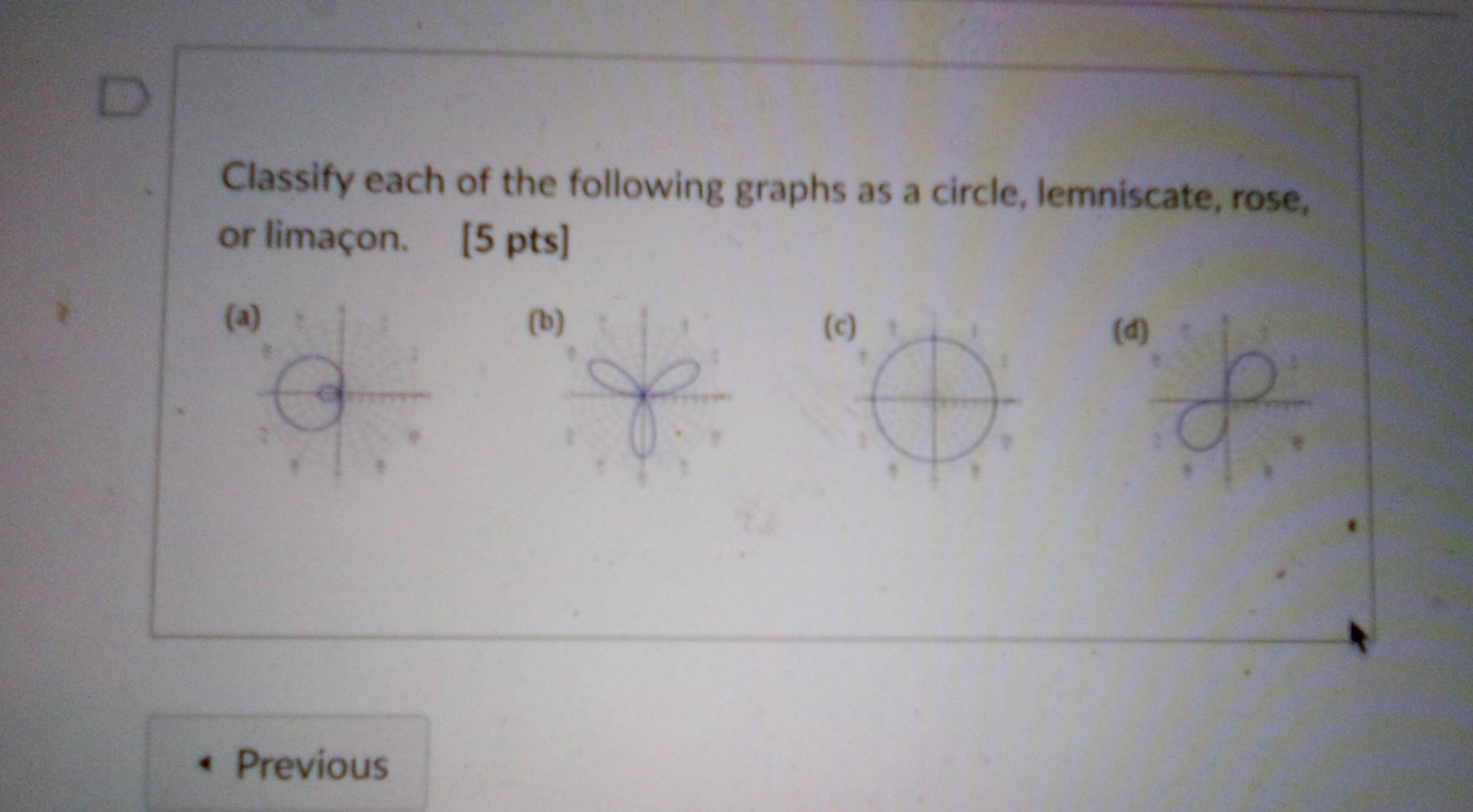 Classify Each Of The Following Graphs As A Circle Lemniscate Rose Or Limacon 5 Pts A B O Previous O F 1