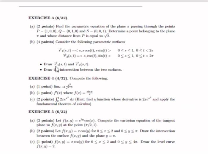 Exercise 3 6 32 A 2 Points Find The Parametric Equation Of The Plane Passing Through The Points P 1 0 0 Q 0 1