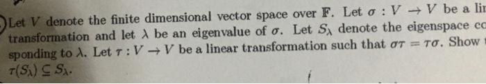 Let V Denote The Finite Dimensional Vector Space Over F Let O Vv Be A Lin Transformation And Let A Be An Eigenvalue Of 1