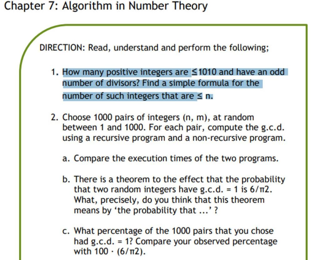 Chapter 7 Algorithm In Number Theory Direction Read Understand And Perform The Following 1 How Many Positive Intege 1