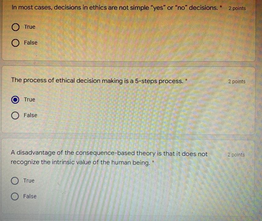 In Essence Managerial Decision Making Will Always Involve Only The Individual Aspect Of Ethics O False O True In Mos 2