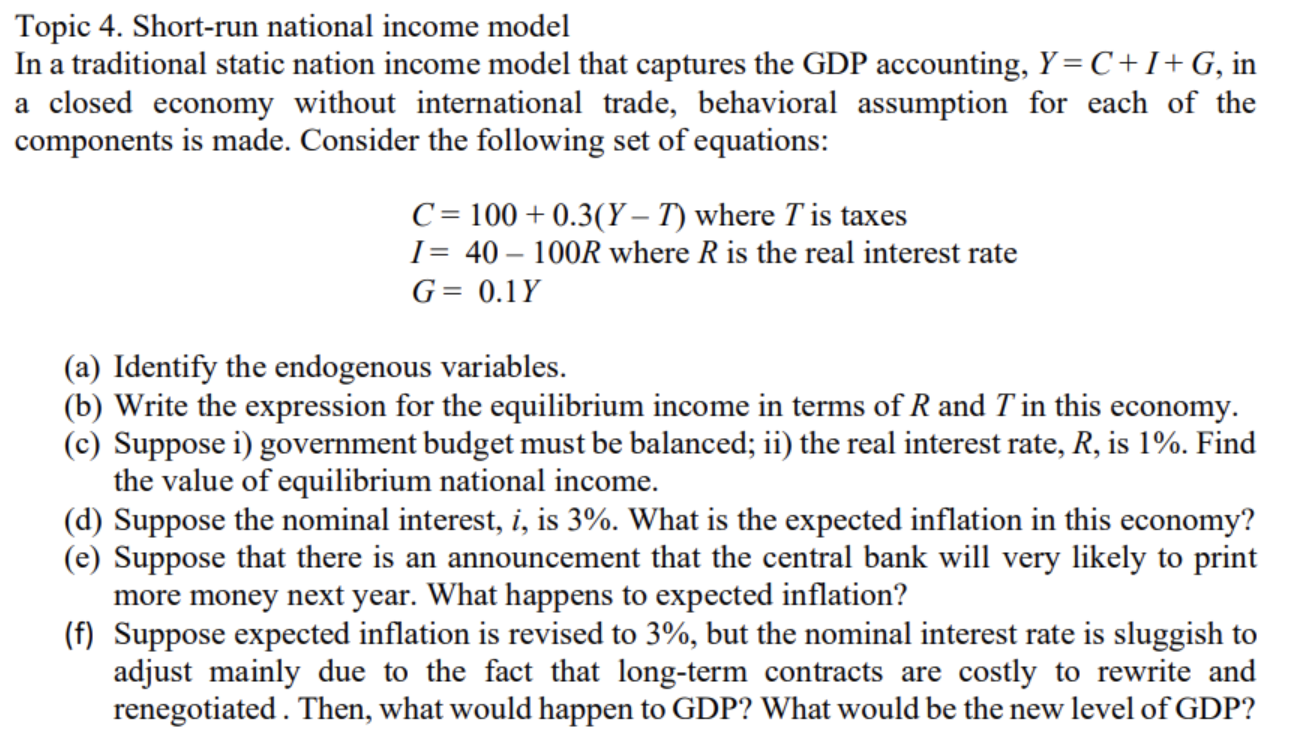 Topic 4 Short Run National Income Model In A Traditional Static Nation Income Model That Captures The Gdp Accounting Y 1