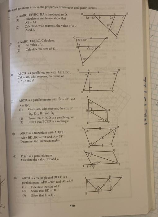 112 The Next Questions Involve The Properties Of Triangles And Quadrilaterals 1 In Aabc Ef Bc Ba Is Produced To D 1