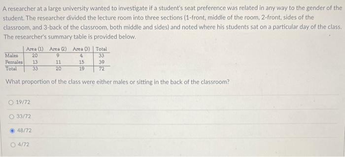 A Researcher At A Large University Wanted To Investigate If A Student S Seat Preference Was Related In Any Way To The Ge 1