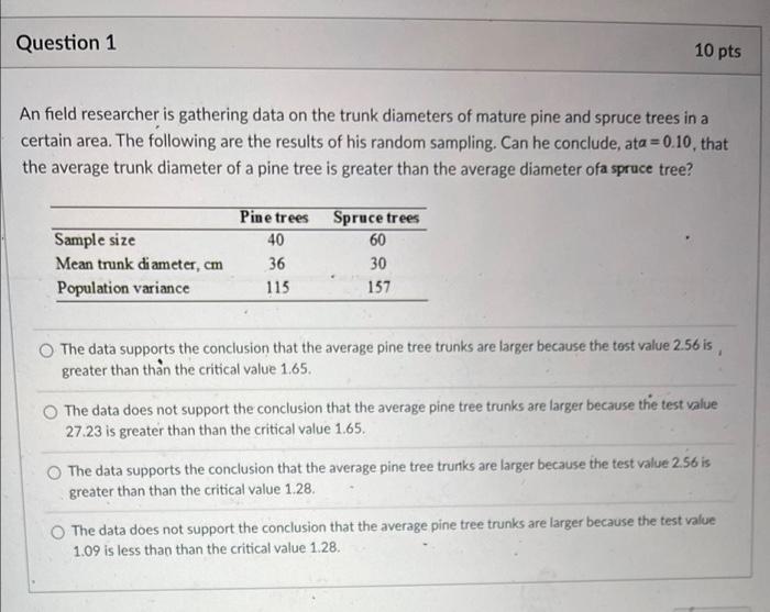 Question 1 An Field Researcher Is Gathering Data On The Trunk Diameters Of Mature Pine And Spruce Trees In A Certain Are 1