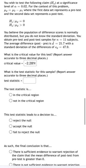 You Wish To Test The Following Claim H At A Significance Level Of A 0 02 For The Context Of This Problem Hd 121 Wh 1
