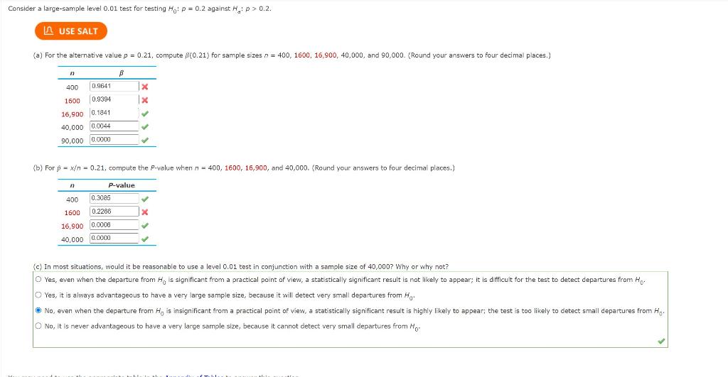 Consider A Large Sample Level 0 01 Test For Testing Ho P 0 2 Against H P 0 2 Ause Salt A For The Alternative Va 1