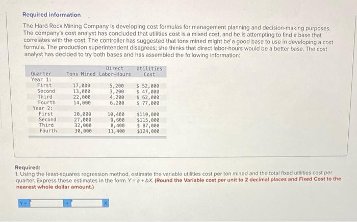 Required Information The Hard Rock Mining Company Is Developing Cost Formulas For Management Planning And Decision Makin 1