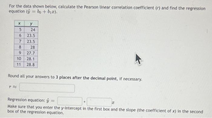 For The Data Shown Below Calculate The Pearson Linear Correlation Coefficient R And Find The Regression Equation B 1