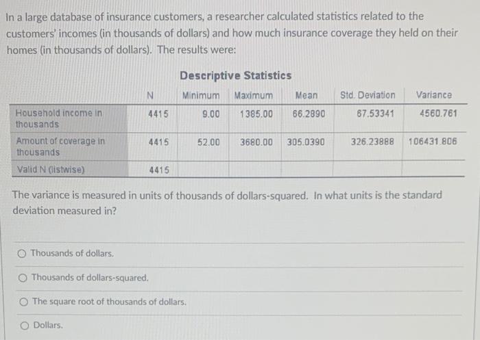 In A Large Database Of Insurance Customers A Researcher Calculated Statistics Related To The Customers Incomes In Tho 1