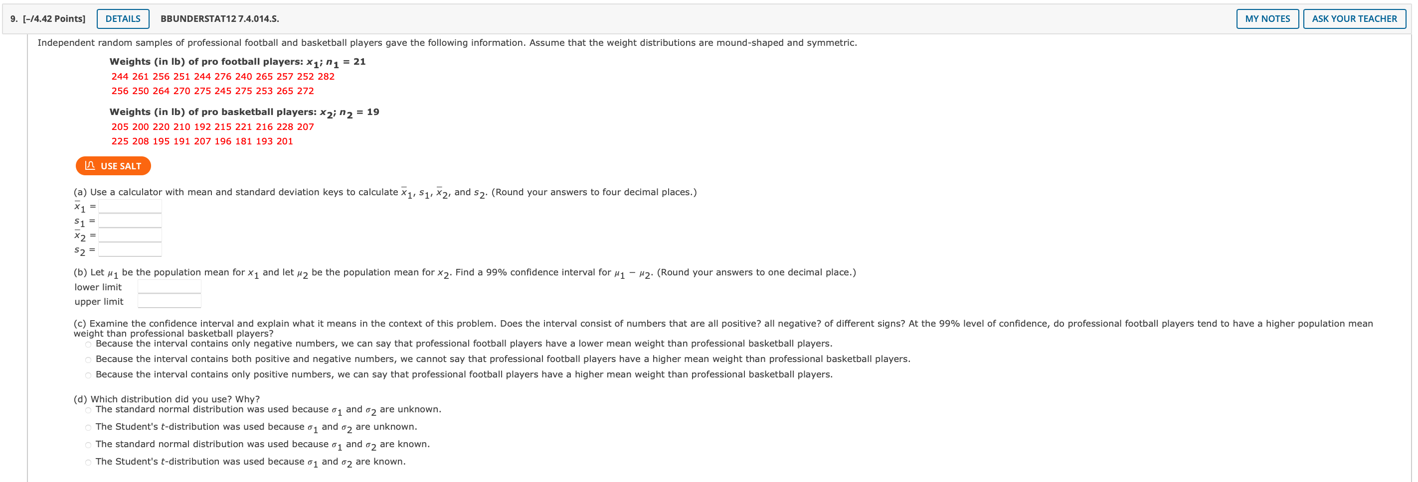 9 4 42 Points Details Bbunderstat12 7 4 014 S Independent Random Samples Of Professional Football And Basketball P 1
