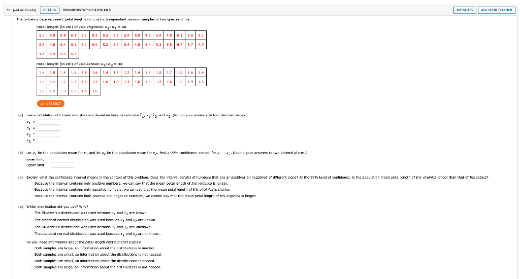 10 4 42 Points Details Bbunderstat127 4 016 Mi S The Following Dats Represent Petal Lengths In Cm For Independen 1