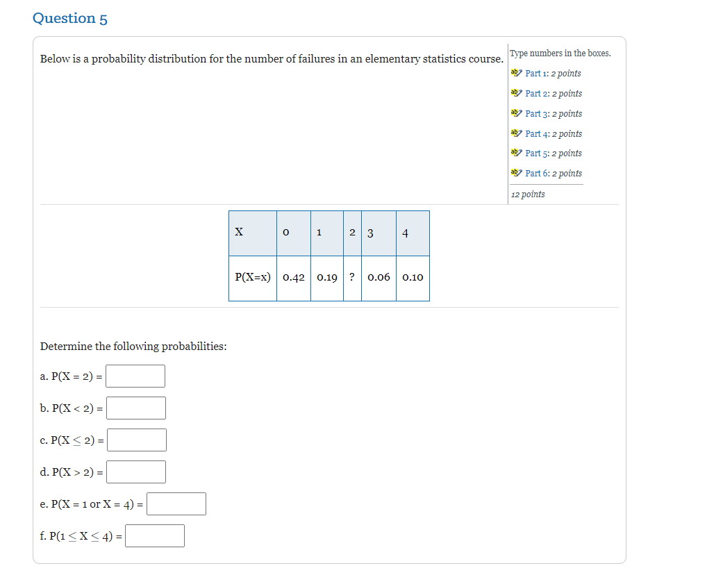 Question 5 Below Is A Probability Distribution For The Number Of Failures In An Elementary Statistics Course Determine 1