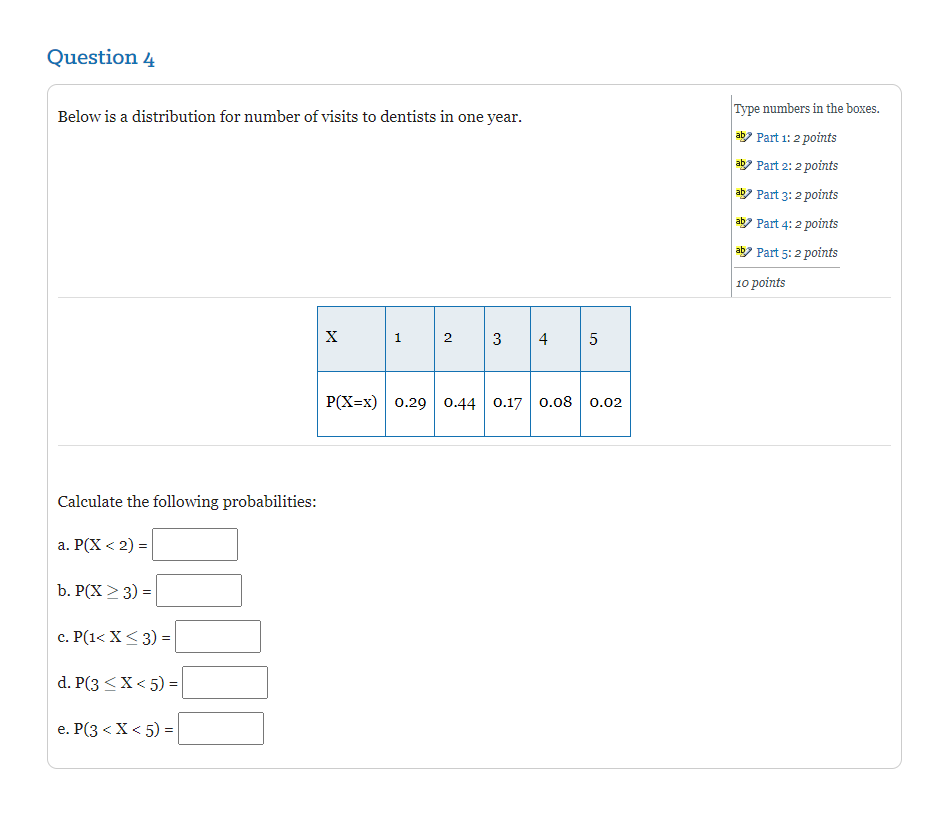Question 4 Below Is A Distribution For Number Of Visits To Dentists In One Year Calculate The Following Probabilities 1