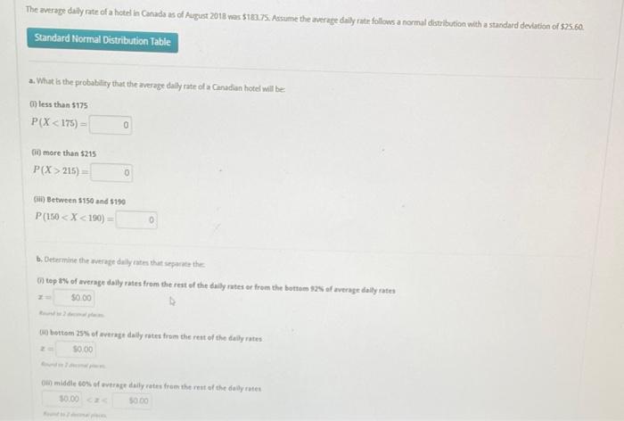 The Average Daily Rate Of A Hotel In Canada As Of August 2018 Was 183 75 Assume The Average Daily Rate Follows A Norma 1