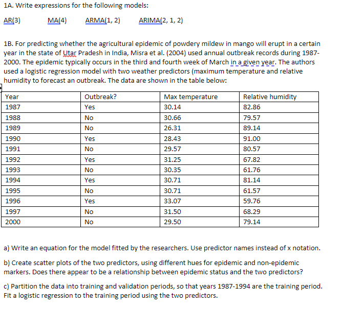1a Write Expressions For The Following Models Ar 3 Ma 4 Arma 1 2 1b For Predicting Whether The Agricultural Epide 1