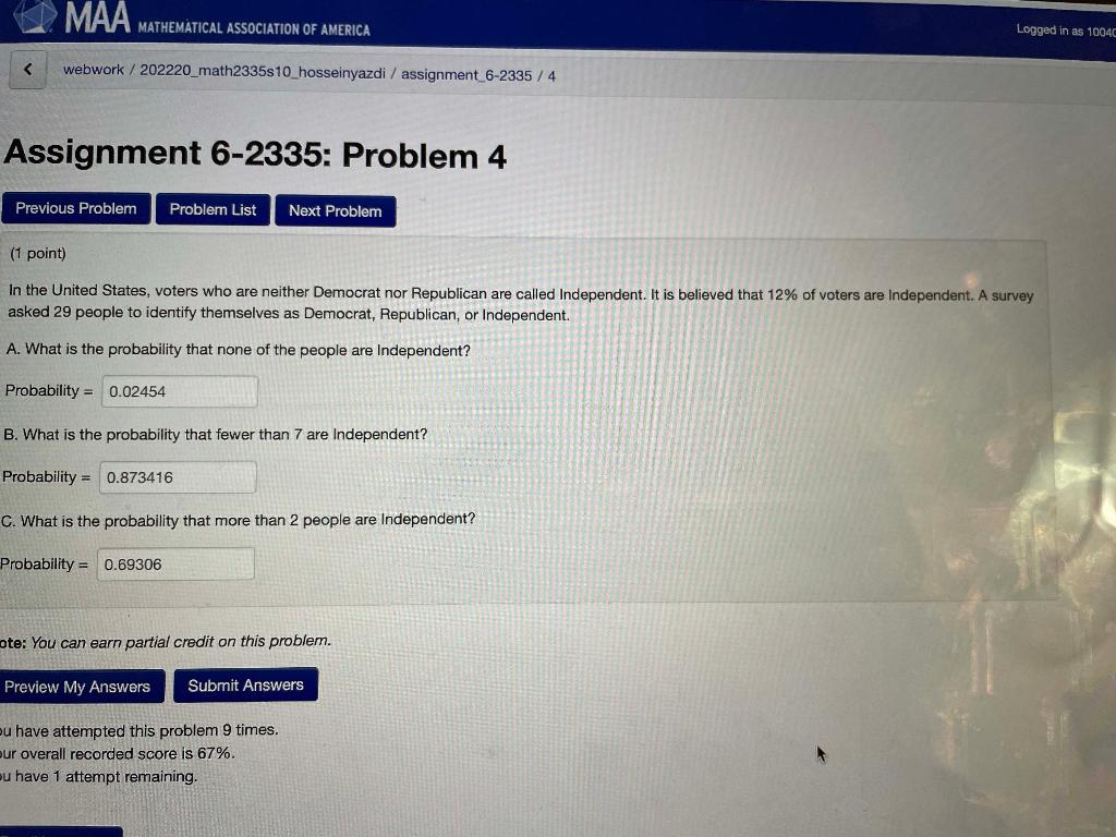 Maa Mathematical Association Of America Webwork 202220 Math2335s10 Hosseinyazdi Assignment 6 2335 4 Assignment 6 1