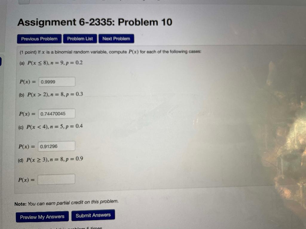 Assignment 6 2335 Problem 10 Previous Problem Problem List Next Problem 1 Point If X Is A Binomial Random Variable C 1
