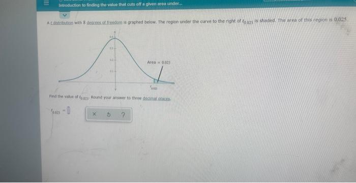 Introduction To Finding The Value That Cuts Off A Given Area Under A Distribution With 8 Degrees Of Freedom Is 1