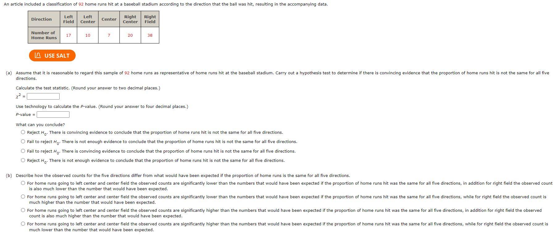 An Article Included A Classification Of 92 Home Runs Hit At A Baseball Stadium According To The Direction That The Ball 1