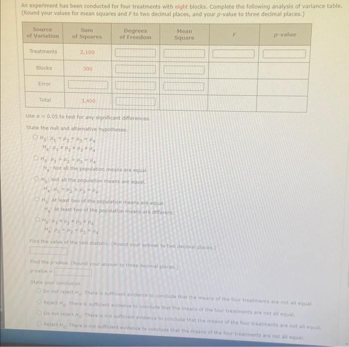 An Experiment Has Been Conducted For Four Treatments With Eight Blocks Complete The Following Analysis Of Variance Tabl 1