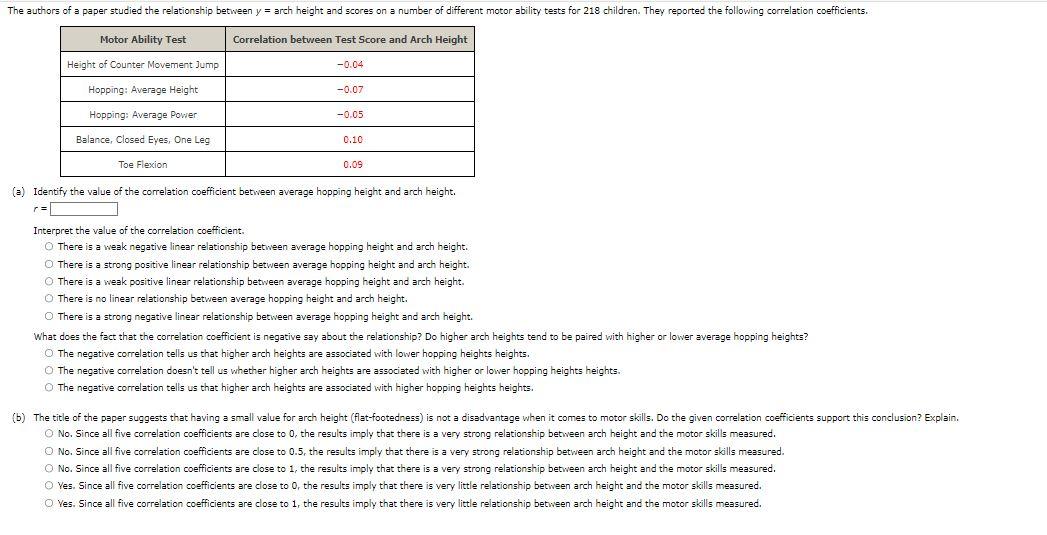 The Authors Of A Paper Studied The Relationship Between Y Arch Height And Scores On A Number Of Different Motor Abilit 1