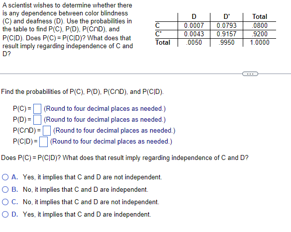 A Scientist Wishes To Determine Whether There Is Any Dependence Between Color Blindness C And Deafness D Use The Pr 1