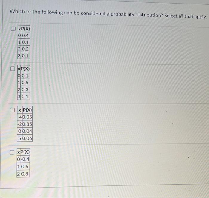 Which Of The Following Can Be Considered A Probability Distribution Select All That Apply Xp X 00 4 10 1 20 2 30 1 Xp 1