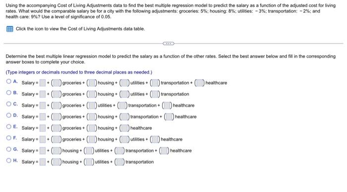 Using The Accompanying Cost Of Living Adjustments Data To Find The Best Multiple Regression Model To Predict The Salary 1