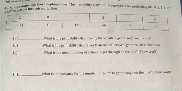 Submission 1 A Radio Station Has Four Telephone Lines The Probability Distribution Represents The Probability That 0 1
