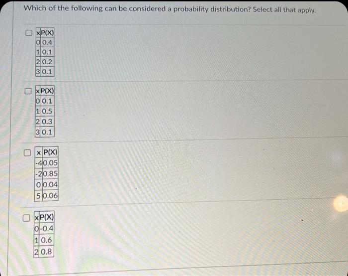 Which Of The Following Can Be Considered A Probability Distribution Select All That Apply Xp X 00 4 10 1 123 0 2 0 1 1