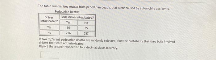 The Table Summarizes Results From 988 Pedestrian Deaths That Were Caused By Automobile Accidents Pedestrian Deaths Driv 8