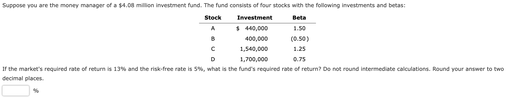 Suppose You Are The Money Manager Of A 4 08 Million Investment Fund The Fund Consists Of Four Stocks With The Followin 1