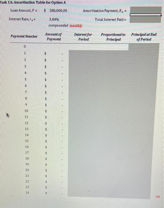 Task 1a Amortization Table For Option A Loan Amount P 280 000 00 Amortization Payment Ra Interest Rate Total Inte 3