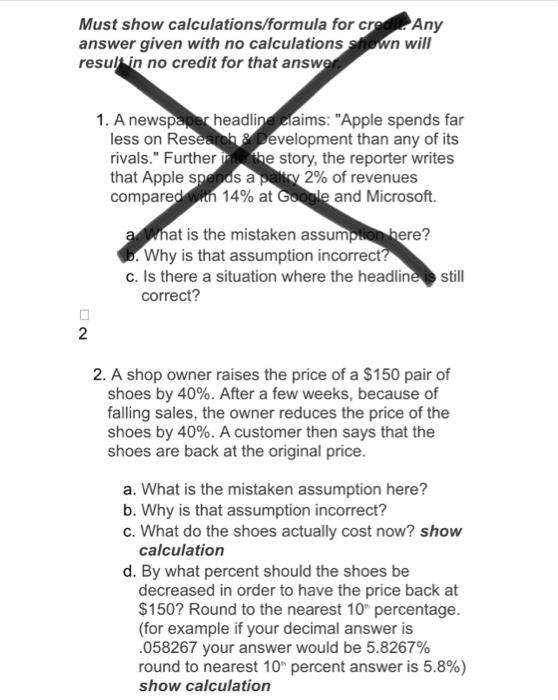 Must Show Calculations Formula For Credit Any Answer Given With No Calculations Shown Will Result In No Credit For That 1