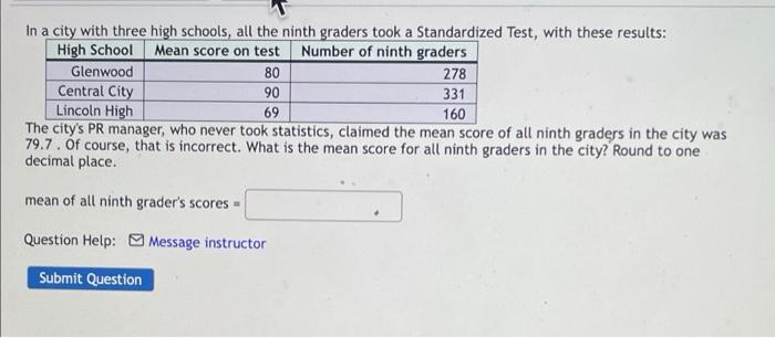 In A City With Three High Schools All The Ninth Graders Took A Standardized Test With These Results Mean Score On Tes 1