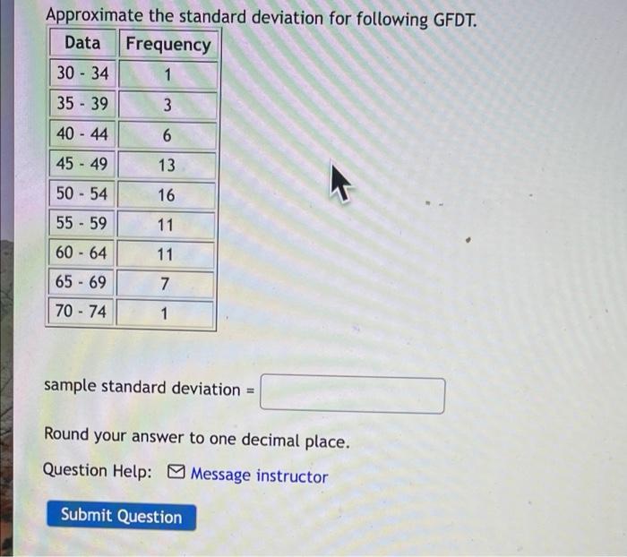 Approximate The Standard Deviation For Following Gfdt Data Frequency 30 34 1 35 39 40 44 45 49 50 54 55 59 60 64 65 6 1