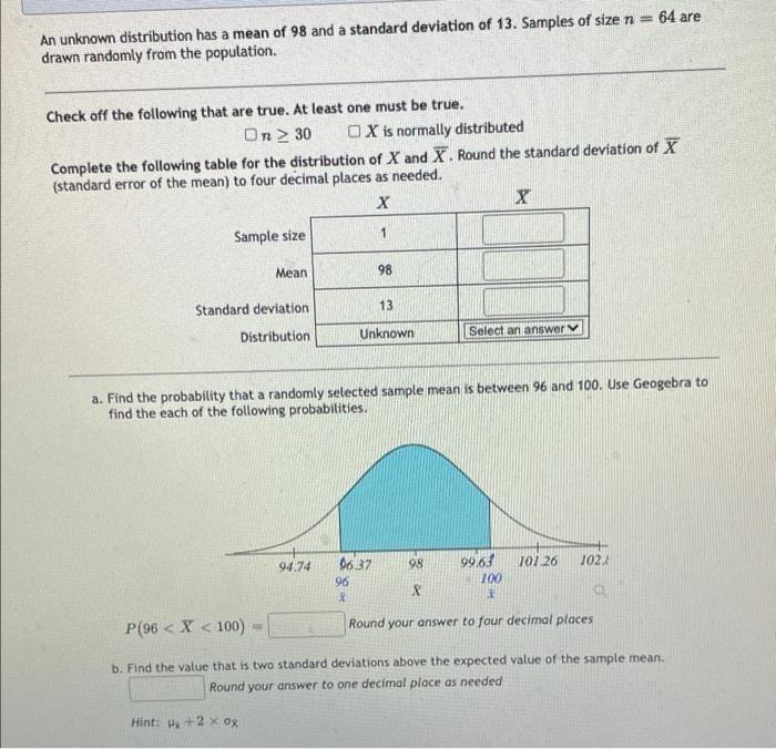 64 Are An Unknown Distribution Has A Mean Of 98 And A Standard Deviation Of 13 Samples Of Size N Drawn Randomly From 1