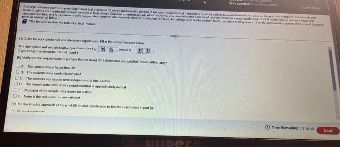 This Question 5 Point Post A College Entrance Exam Company Determined That A Score Of 21 On The Matomas Port Students T 1