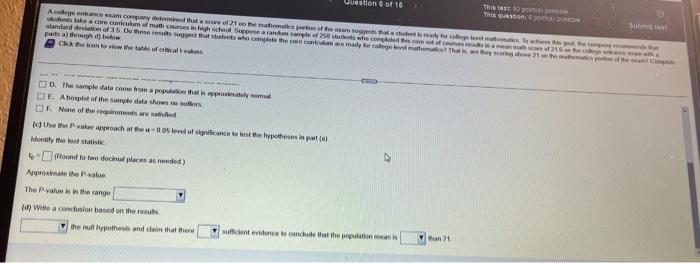 This Question 5 Point Post A College Entrance Exam Company Determined That A Score Of 21 On The Matomas Port Students T 4