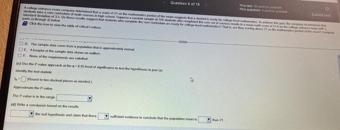 D The Sample Data Come From A Population That Is Approximately Normal Ce Aboxplot Of The Sample Data Shows No Ouers F 1