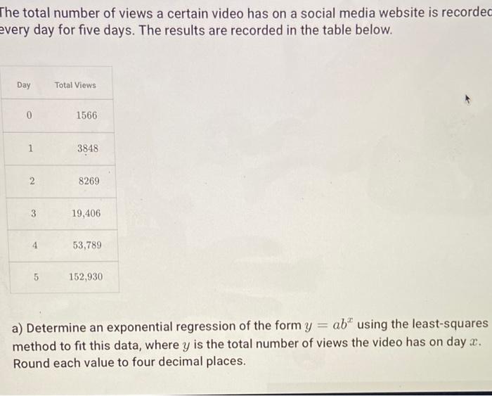 The Total Number Of Views A Certain Video Has On A Social Media Website Is Recorded Every Day For Five Days The Results 1
