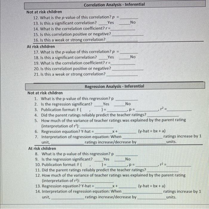 Correlation Analysis Inferential Not At Risk Children 12 What Is The P Value Of This Correlation P 13 Is This A S 1