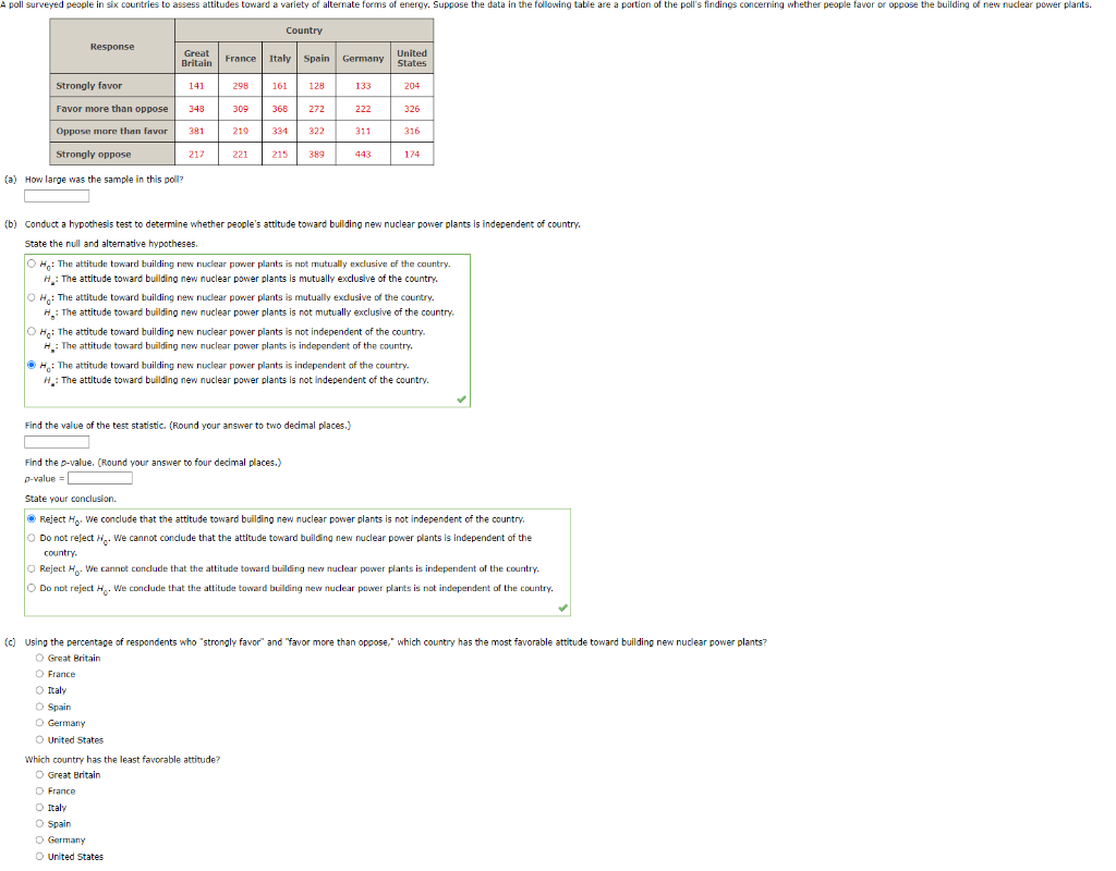 A Poll Surveyed People In Six Countries To Assess Attitudes Toward A Variety Of Alternate Forms Of Energy Suppose The D 1