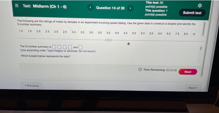 Test Midterm Ch 1 6 3 0 Previous Question 14 Of 30 The Following Are The Ratings Of Males By Females In An Experime 1