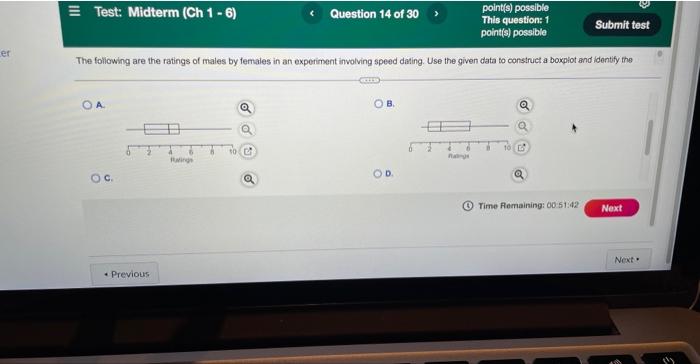 Test Midterm Ch 1 6 3 0 Previous Question 14 Of 30 The Following Are The Ratings Of Males By Females In An Experime 2