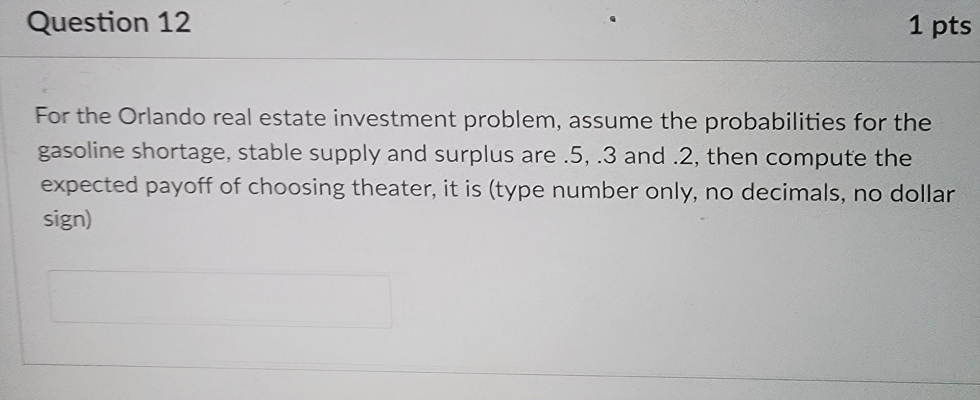 Question 12 1 Pts For The Orlando Real Estate Investment Problem Assume The Probabilities For The Gasoline Shortage St 1