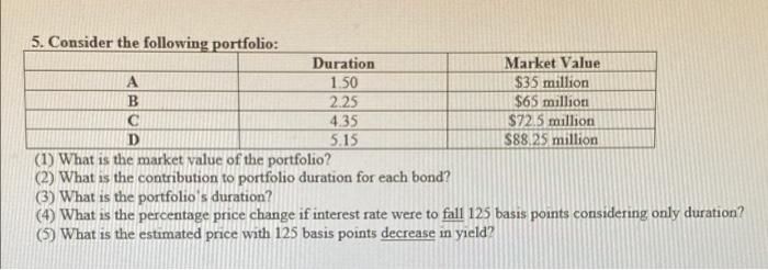 5 Consider The Following Portfolio Duration Market Value A 1 50 35 Million B 2 25 65 Million C 435 72 5 Million D 5 1