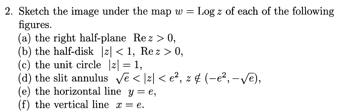 2 Sketch The Image Under The Map W Log Z Of Each Of The Following Figures A The Right Half Plane Rez 0 B The 1