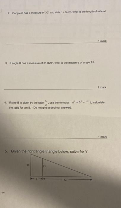 2 If Angle B Has A Measure Of 30 And Side C5 Cm What Is The Length Of Side A 3 If Angle B Has A Measure Of 31 029 1